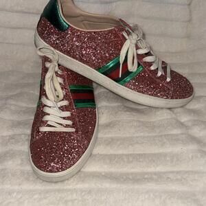 Gucci Pink Glitter Ace Web Sneakers Size 39.5 Luxury Bowling Sparkle Colorblock
